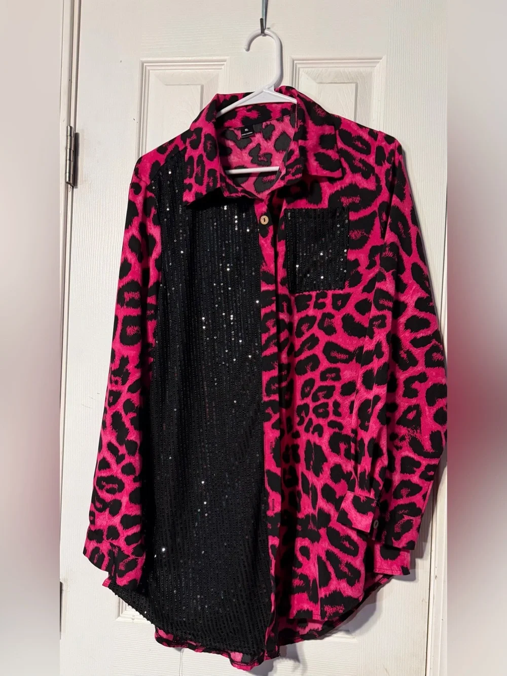SHEIN Womens Sequined Half & Half Leopard Shirt Dress - Hot Pink/Black XL - Picture 2 of 2